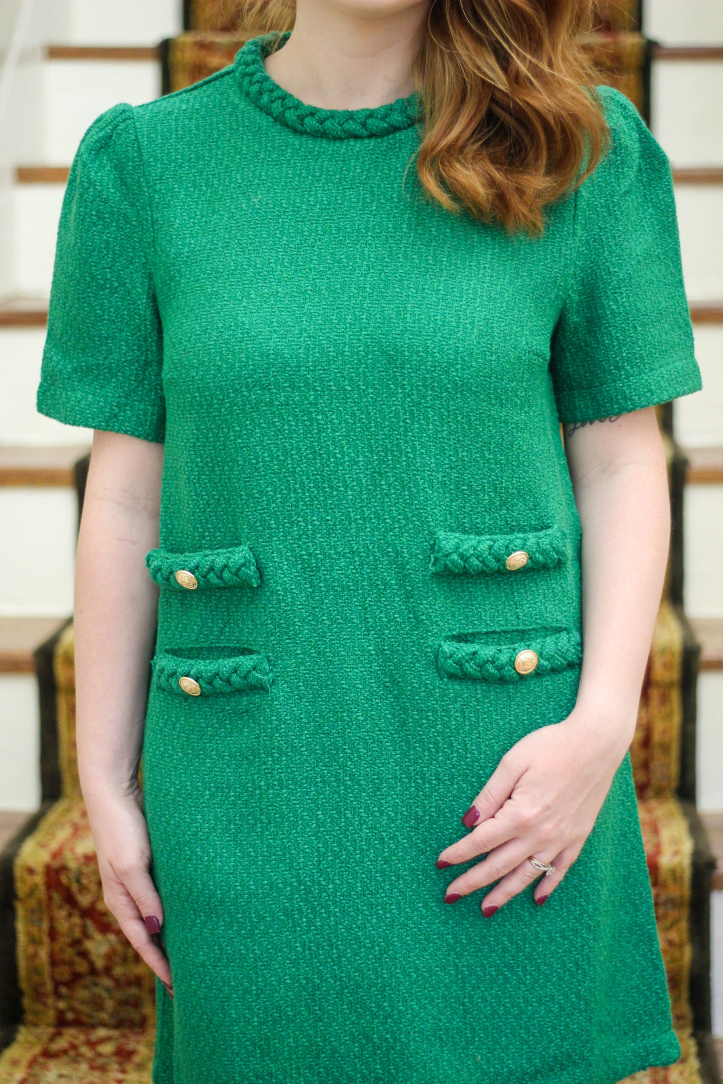 Emerald Elegance Tweed Dress